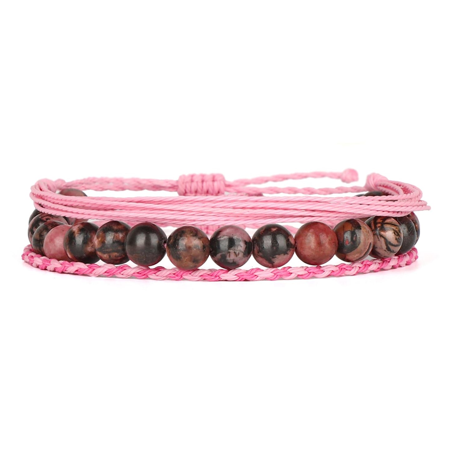 QOGIR Handmade Healing Stones Bracelet,8mm Natural Black Rhodonite Gemstone Beads Bracelet,for Men Women Gifts with 2PCS Size Adjustable Rope Bracelets