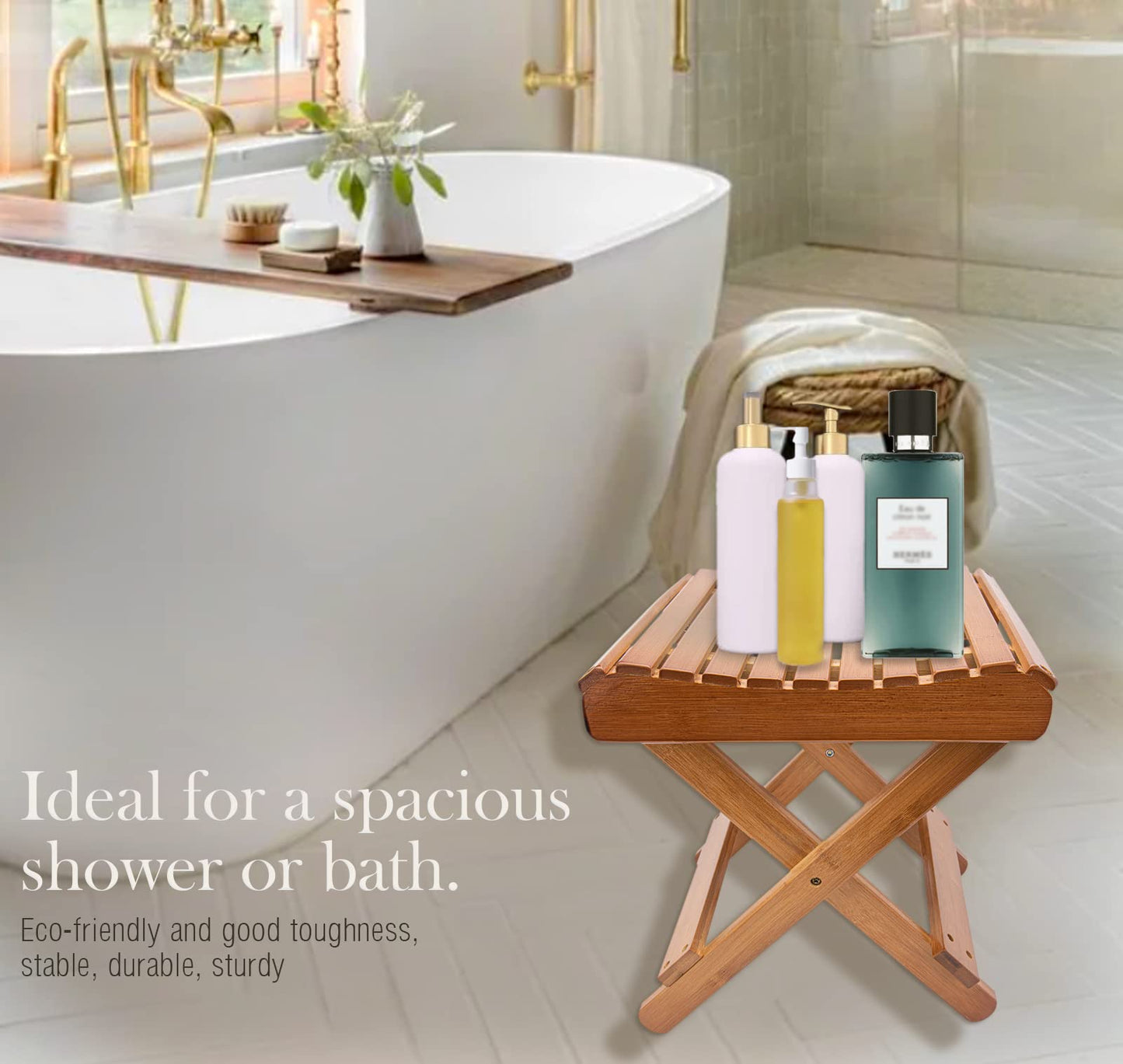 LOYPP Folding Bamboo Stool for Shower, Leg Shaving and Foot Rest, Natural Bamboo Folding Stool, Folding Bamboo Shower Seat, Fully Assembled, 12 Inch High