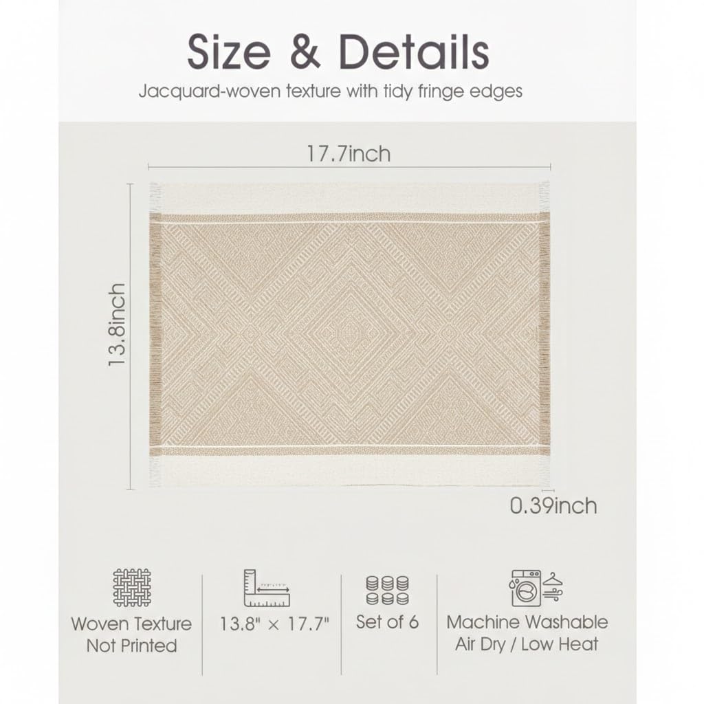GleeNflux Placemats Set of 6, Fabric Placemats for Dining Table, Woven Polyester Place Mats with Fringe, Machine Washable, Khaki Geometric Table Mats, Modern Table Decor, Housewarming Gift
