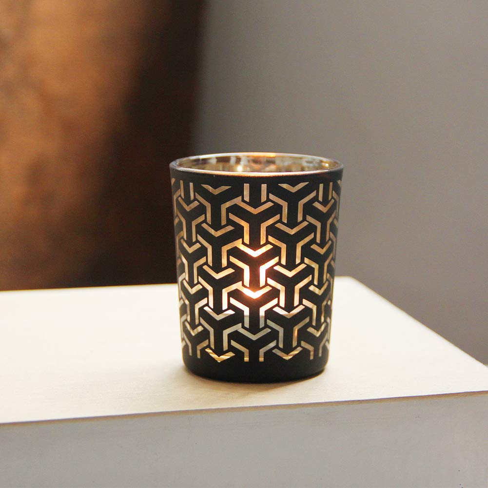 SHMILMH Black Gold Glass Votive Candle Holders Set of 12, Tealight Candle Holder with 4 Patterns for Ramadan Decorations, Eid Mubarak, Wedding Centerpiece, Modern Home Table Decor, Gift Set