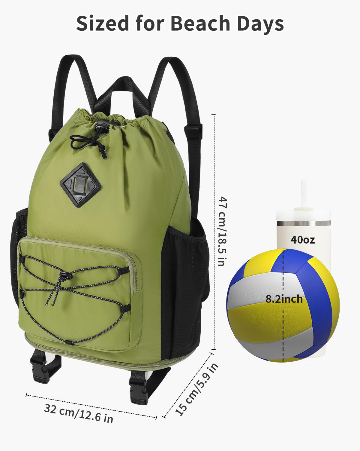 WANDF Drawstring Backpack with Removable Wet Pocket, Sandproof Beach Backpack with Bottom Compression Strap for Beach Mat, Swim Bag for Pool, Gym, Travel and Workout Gear (Dark Green)