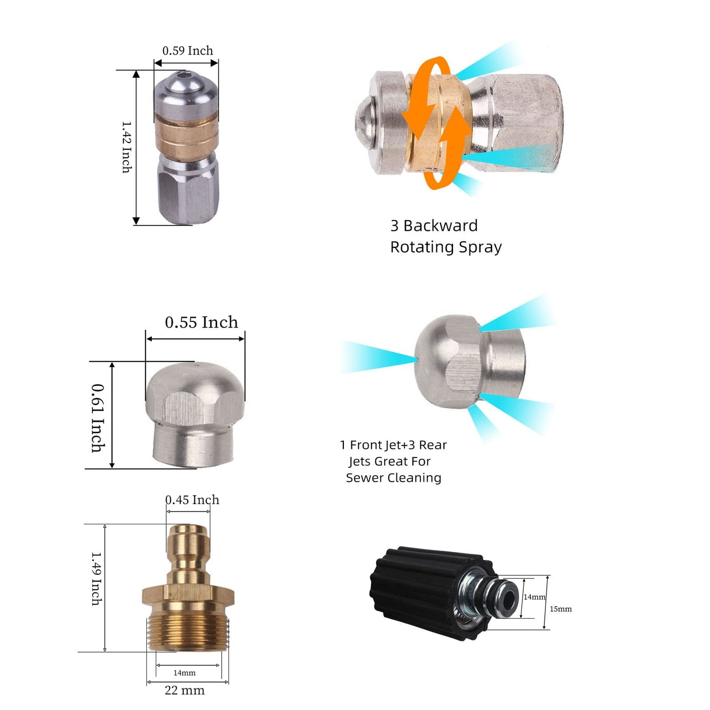 50FT 5800 PSI Pressure Washer Hose Jetter Nozzles Kit 1/8”NPT Sewer Drain Rotating Quick Connect Nozzle Button Nose With M22-14/15mm Double Rod Thread Brass Replacement