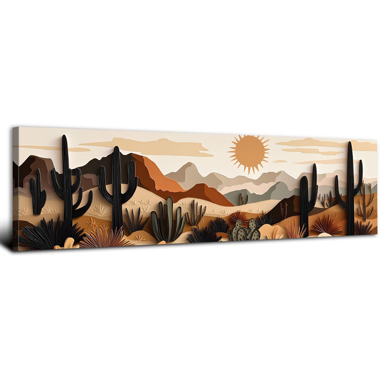 Boho Cactus Wall Art Mid Century Modern Wall Decor for Living Room Beige Geometric Minimalist Picture Abstract Mexican Desert Botanical Mountain Sun Painting Artwork Bedroom Home Decorations 14x48"