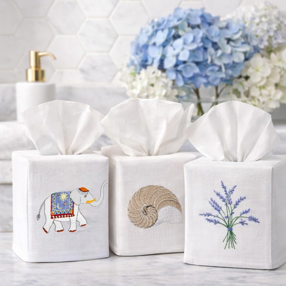 Jacaranda Living Square Tissue Box Cover, Linen/Cotton Fabric Tissue Holder, Decorative Cloth Tissue Cube Cover, Animal Designs Feathered Peacock, Turquoise, Pewter