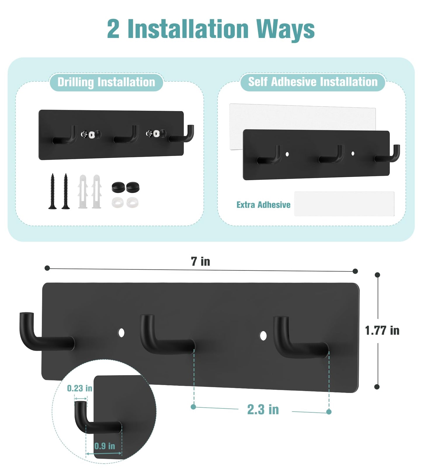 RELBRO Key Holder Wall Mount, Small Metal Self Adhesive Key Rack with 3 Hooks, 2 Installation Options, Black