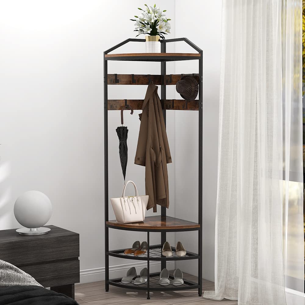GiftGo Corner Hall Tree with Shoe Bench Entryway Coat Rack with 10 Metal Movable Hooks Floor Standing Clothes Rack Shoes Shelf Organizer for Home Office Bedroom (Rustic Brown)