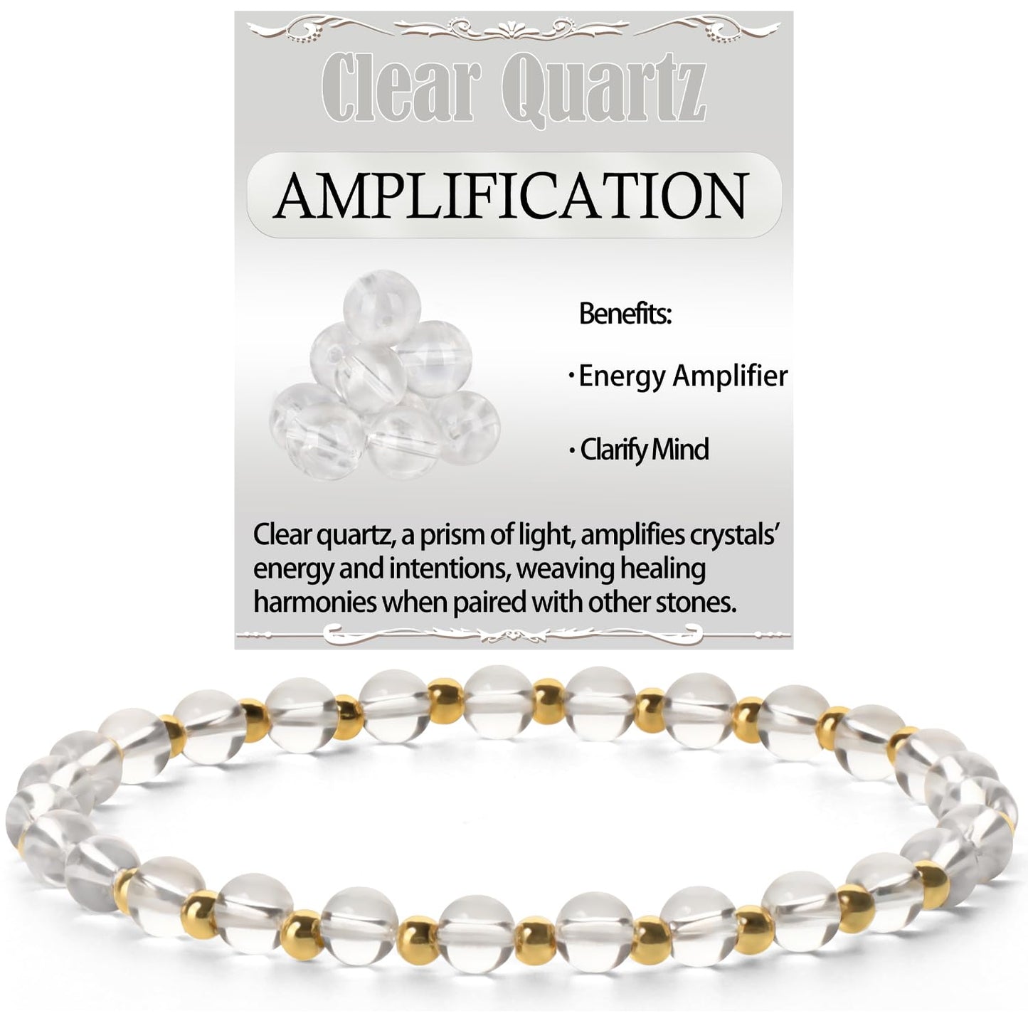 QOGIR Clear Quartz - Amplification - 14K Gold Plated Beads Natural Gemstone Stretch Elastic Dainty Healing Beaded Bracelets Gifts 4mm