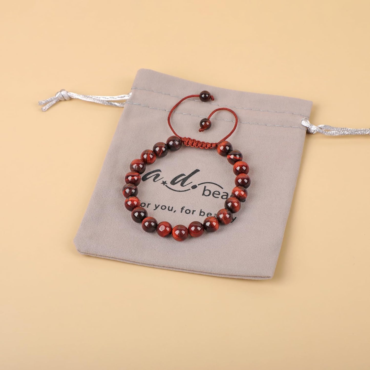 AD Beads Natural 8mm Gemstone Bracelets Healing Power Crystal Macrame Adjustable 7-9 Inch (Red Tiger's Eye)