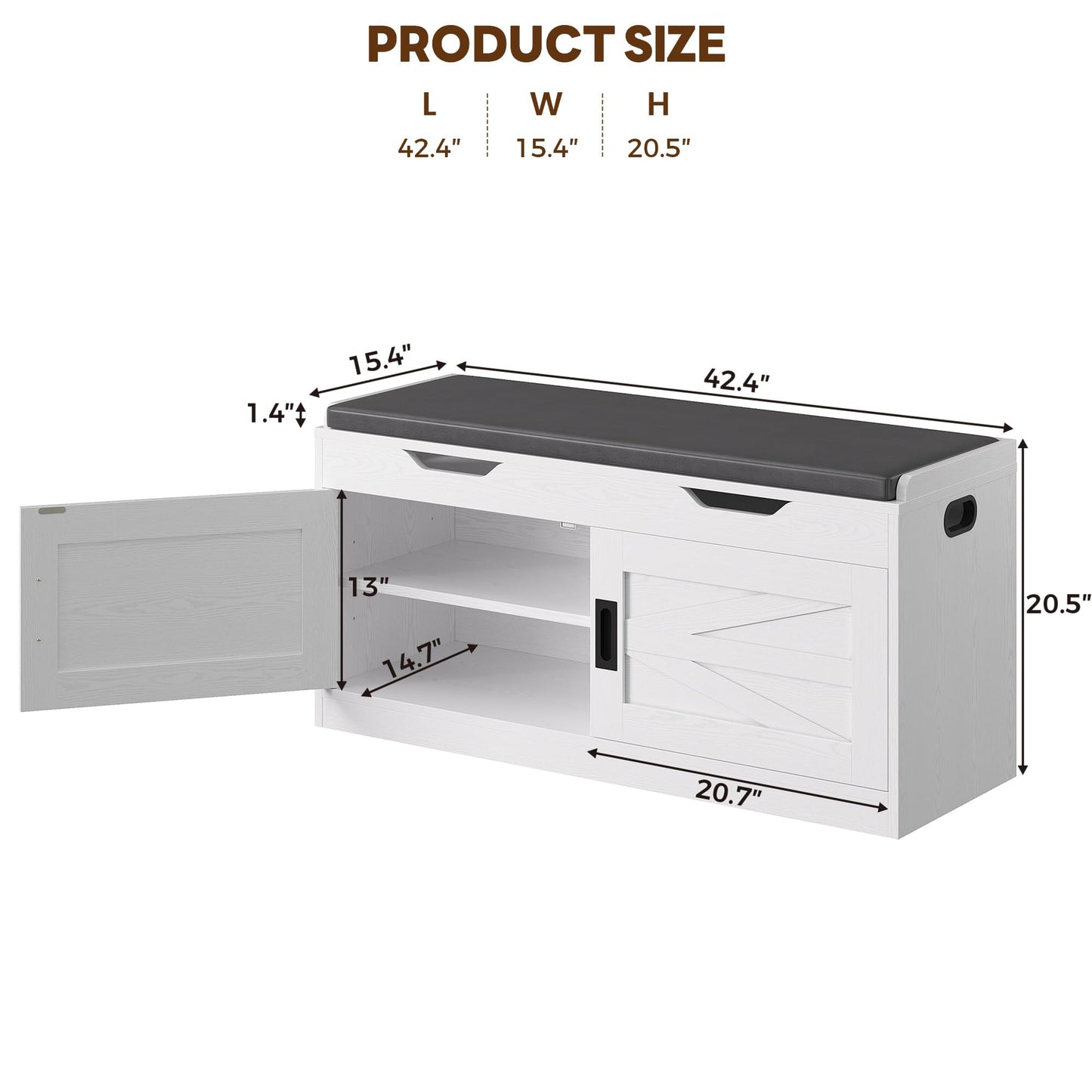 IRONCK Shoe Bench with Lift Top Storage, 42.4" Entryway Bench with Wider Cushioned Seat, End of Bed Bench with Adjustable Shelf & 2 Doors for Hallway, Bedroom, White