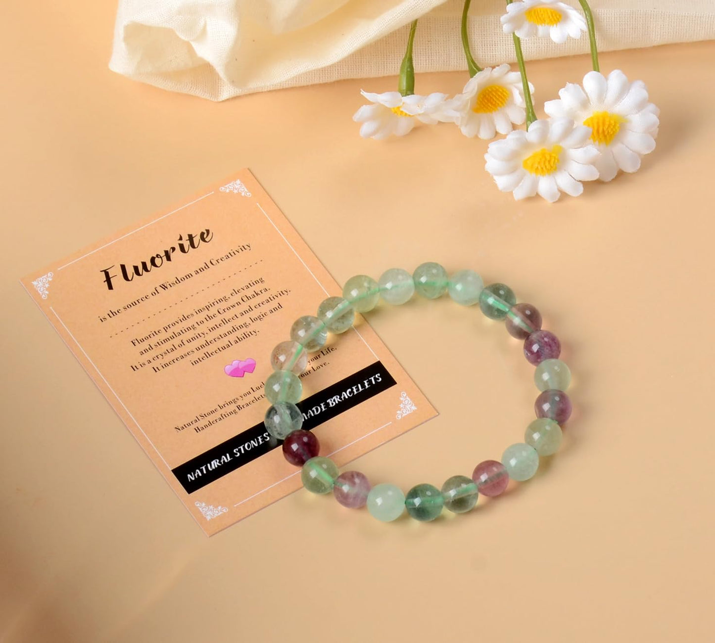 AD Beads Handmade Gemstone Stretch Elastic Bracelet Crystal Healing Reiki Nature's Beauty and Spiritual Essence Unisex (8mm, Fluorite)