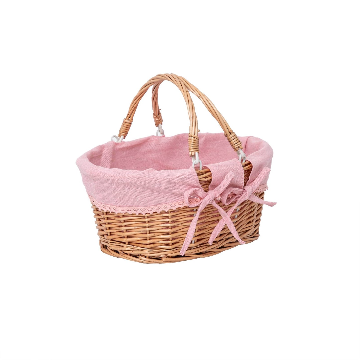 Small Wicker Basket with Removable Pink Liner, Willow Storage Basket for Gifts with Double Handles, Easter Basket,Wedding,Egg Gathering,Pink