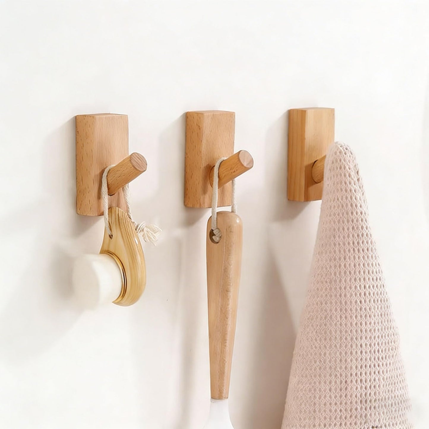 HomeDo 4Pack Adhesive Wall Hooks Hat Rack, Wooden Coat Hooks Wall Mounted, Decorative Hooks Single Organizer Hat Hanger Towel Rack, Heavy Duty Hooks (Rectangle-Beech,4P)