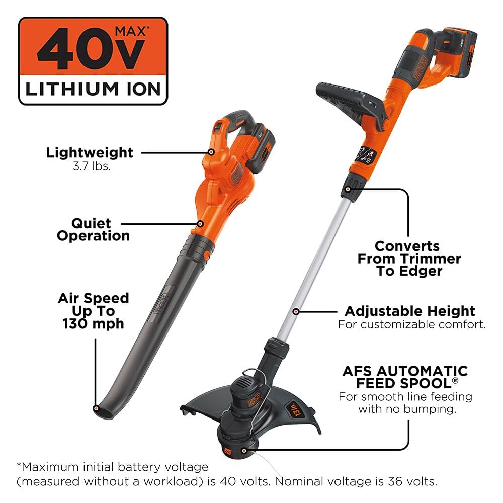 BLACK+DECKER 40V Max Cordless Sweeper & String Trimmer, Battery & Charger Included (LCC340C)