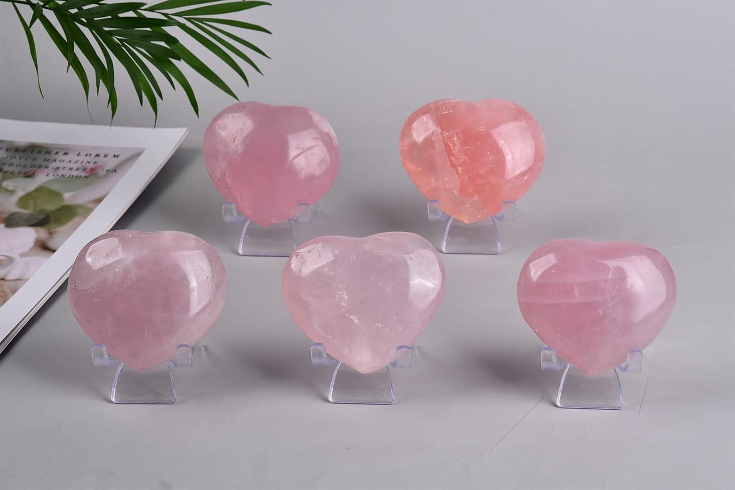 JIC Gem Heart Shaped Rose Quartz Crystal Healing Stone Large Pocket Palm Worry Stone with Display Stand Chakra Reiki Balancing 2.7"-2.9"