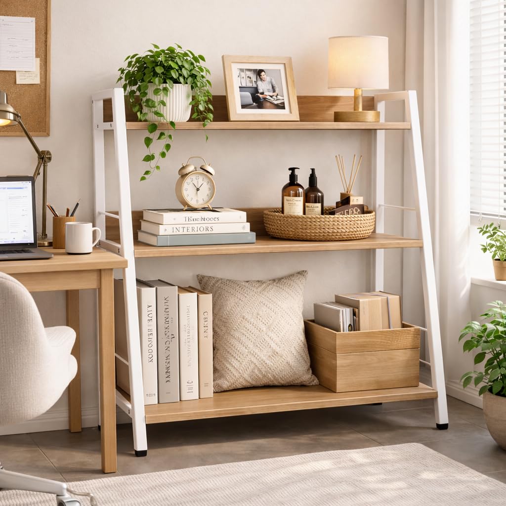 YCICI 3 Tier Bookshelf, Small Bookshelf for Small Spaces, Wood and Metal Bookcase, Open Shelf Organizer, Modern Storage Shelf for Living Room and Office (White, Ladder)