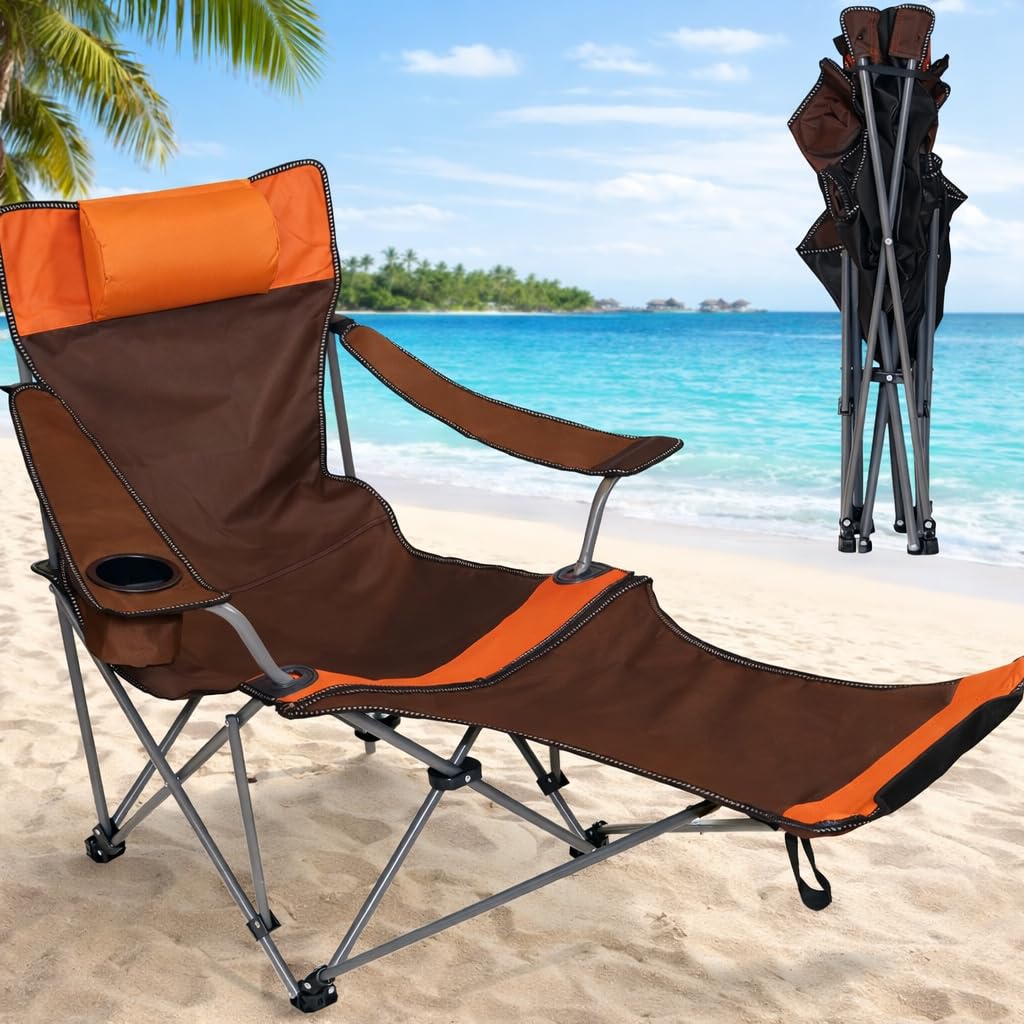 MCCKLE Camping Lounge Chair with Headrest Footrest and Storage Bag, Portable Folding Reclining Camping Chair with Foot Rest for Adults Outdoor Camping Beach Hiking Fishing (Orange Brown)