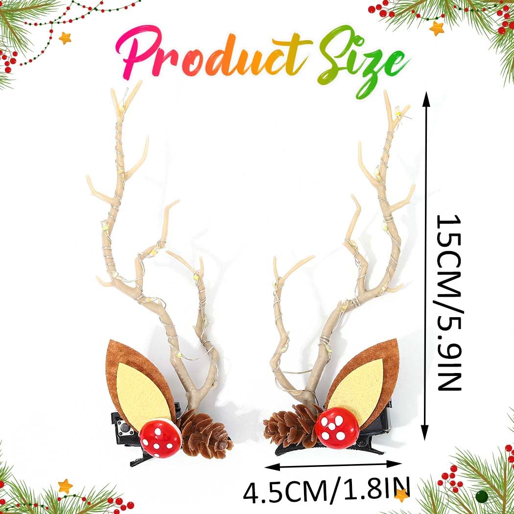 Bartosi LED Light Christmas Hair Clips Reindeer Antlers Xmas Hairpins Hair Barrettes Cute Head Pieces Hair Accessories for Women (Pack of 2)