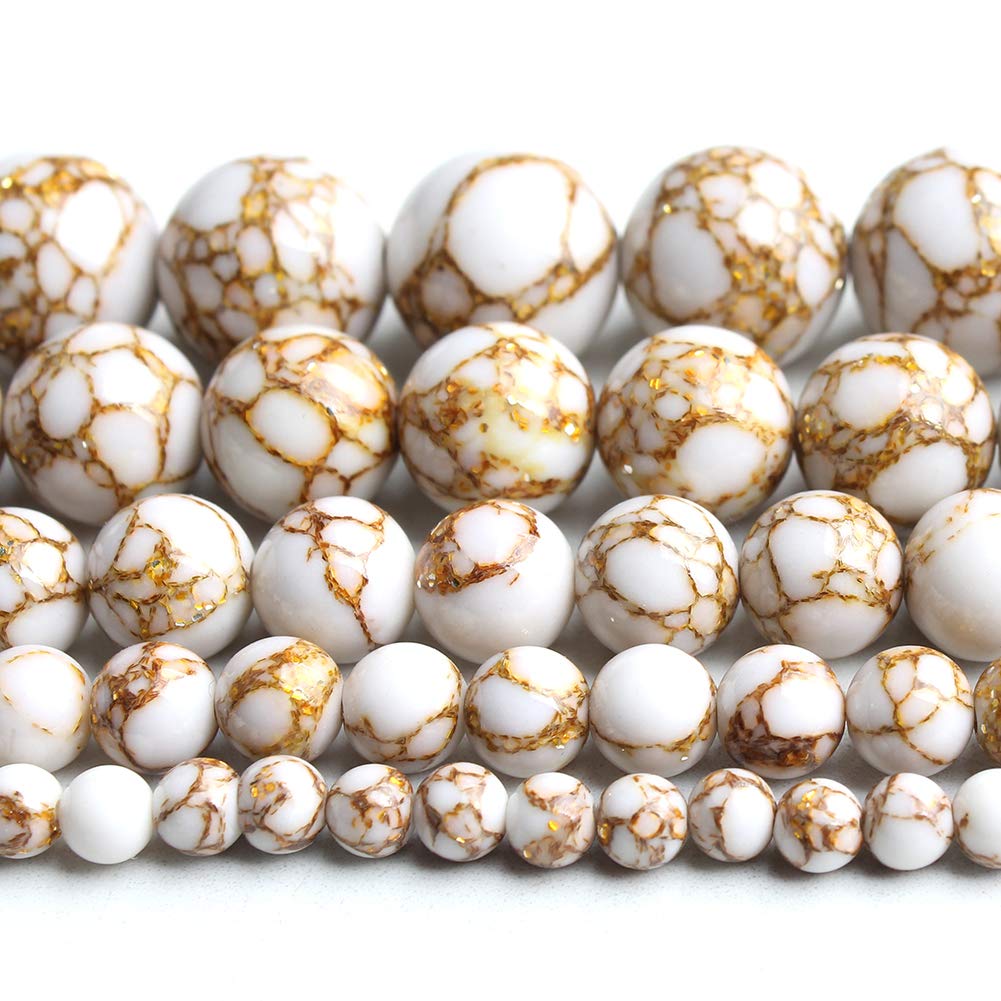 Song Xi 6mm White Howlite Spun Gold Beads Smooth Loose Jewelry Beads for Bracelets and Necklaces Making