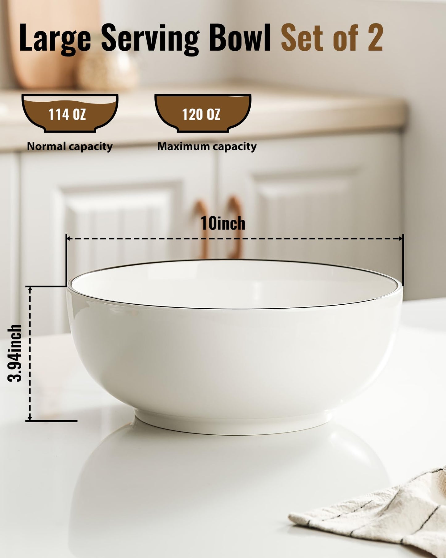 Dafuceramic Salad Bowls, 120 OZ(10") Large Serving Bowls Set of 2, Ceramic White Serving Bowls for Salad, Soup, Pasta and Dinner, Large Porcelain Bowl Set for Entertaining with Black on the Rim