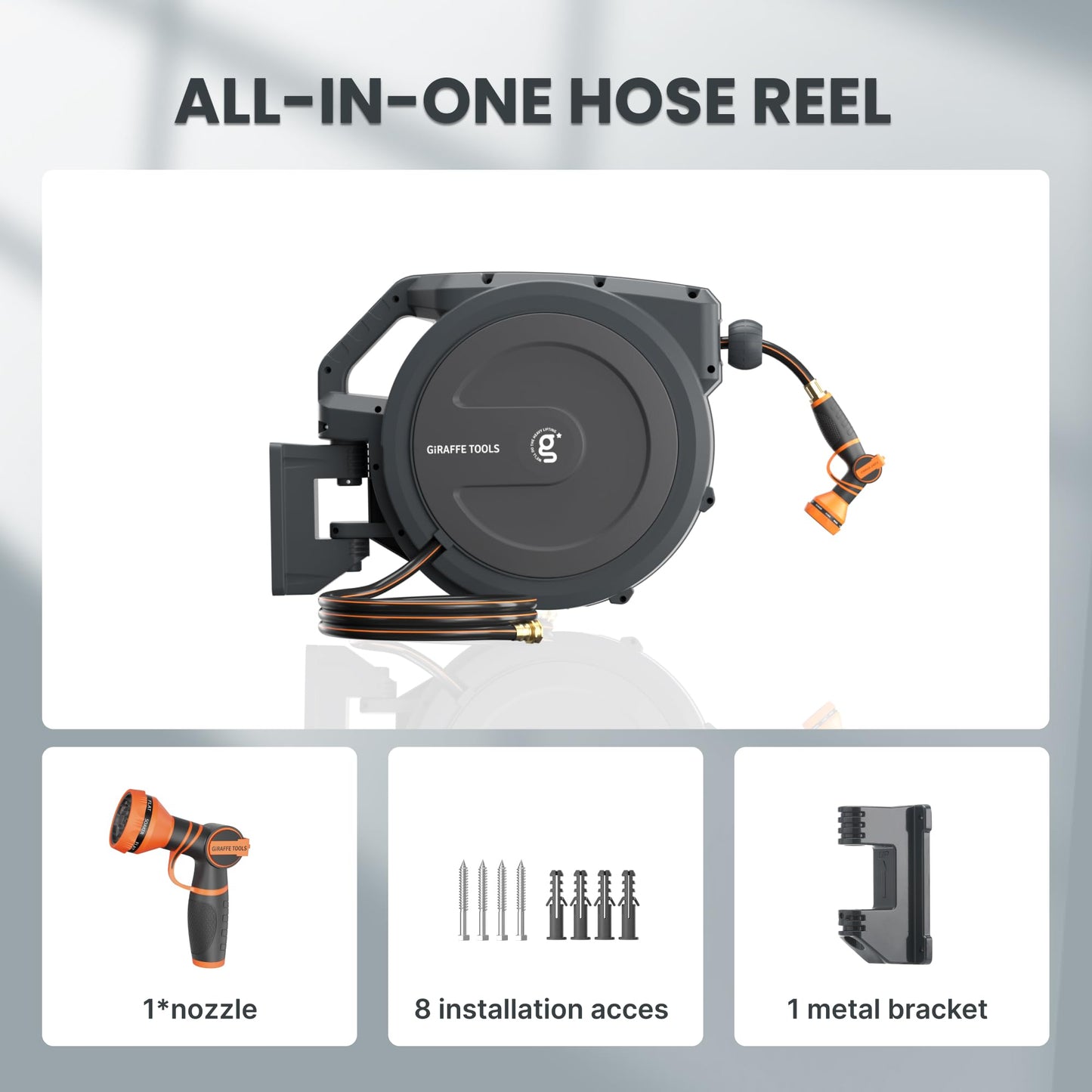 Giraffe Tools PRO Heavy Duty Retractable Garden Hose Reel - 78ft 1/2 Inch Auto Rewind with Any-Length Lock, Wall Mounted Metal Bracket, Commercial Grade for Patio & Lawn (Dark Grey)