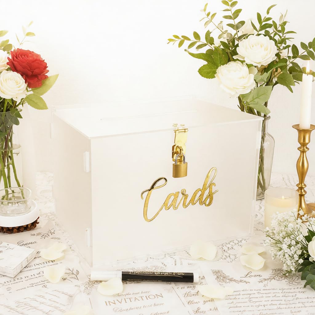 FCDECOR 11" Acrylic Wedding Card Box with Lock, Frosted Gift Card Box for Wedding Decorations for Reception, Honeymoon Fund Money Box for Bridal Shower Decorations Party Reception Anniversary