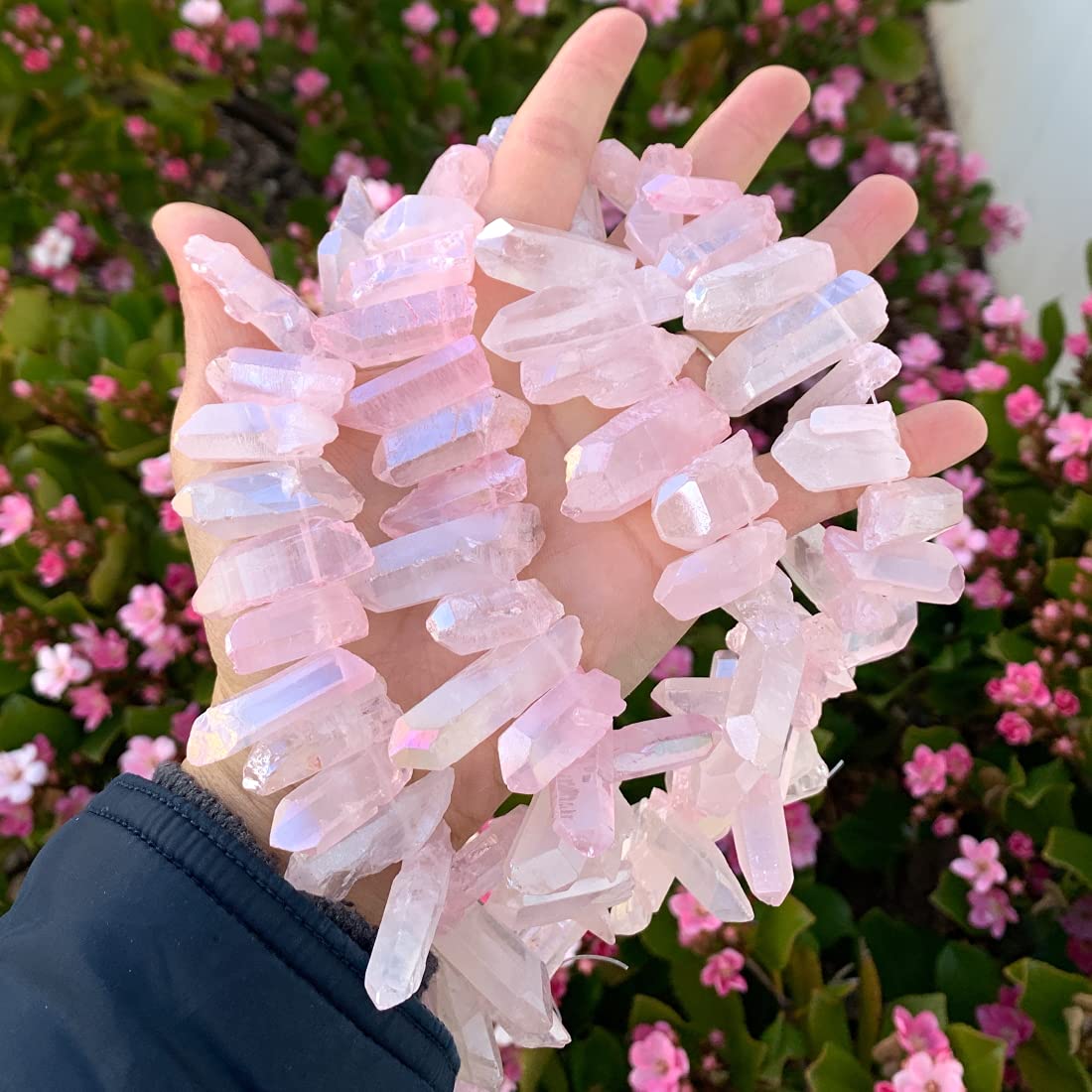 Adabele 15 Inch Natural Raw Healing Crystal Quartz Gemstone Loose Beads Large Drilled Point Rose Pink AB Titanium Coated Chakra Gem Stone Drop Stick GA-E8