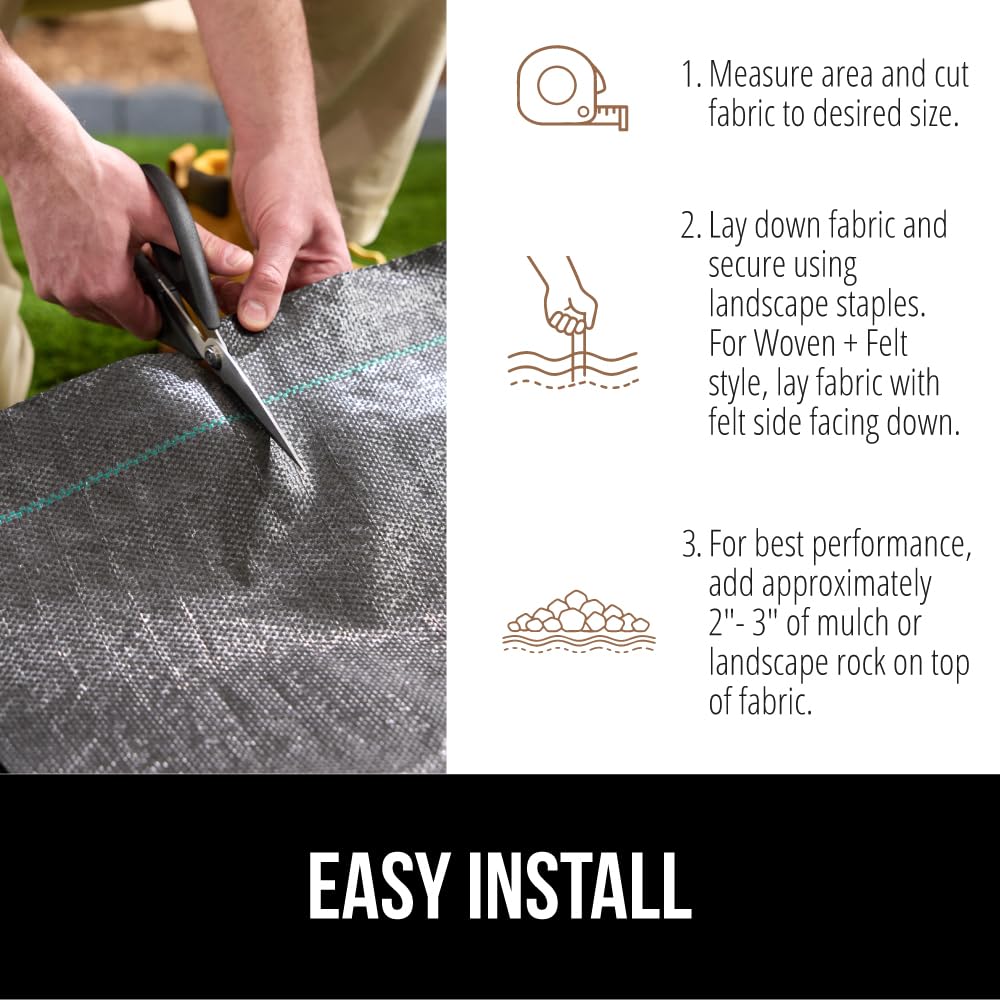 GORILLA GRIP Weed Barrier Fabric, 3 FT x 50 FT Heavy Duty Woven Landscape Fabric 3.2oz, Weed Control Ground Cover for Garden Beds & Mulch, Permeable Underlayment for Landscaping, Home & Commercial Use