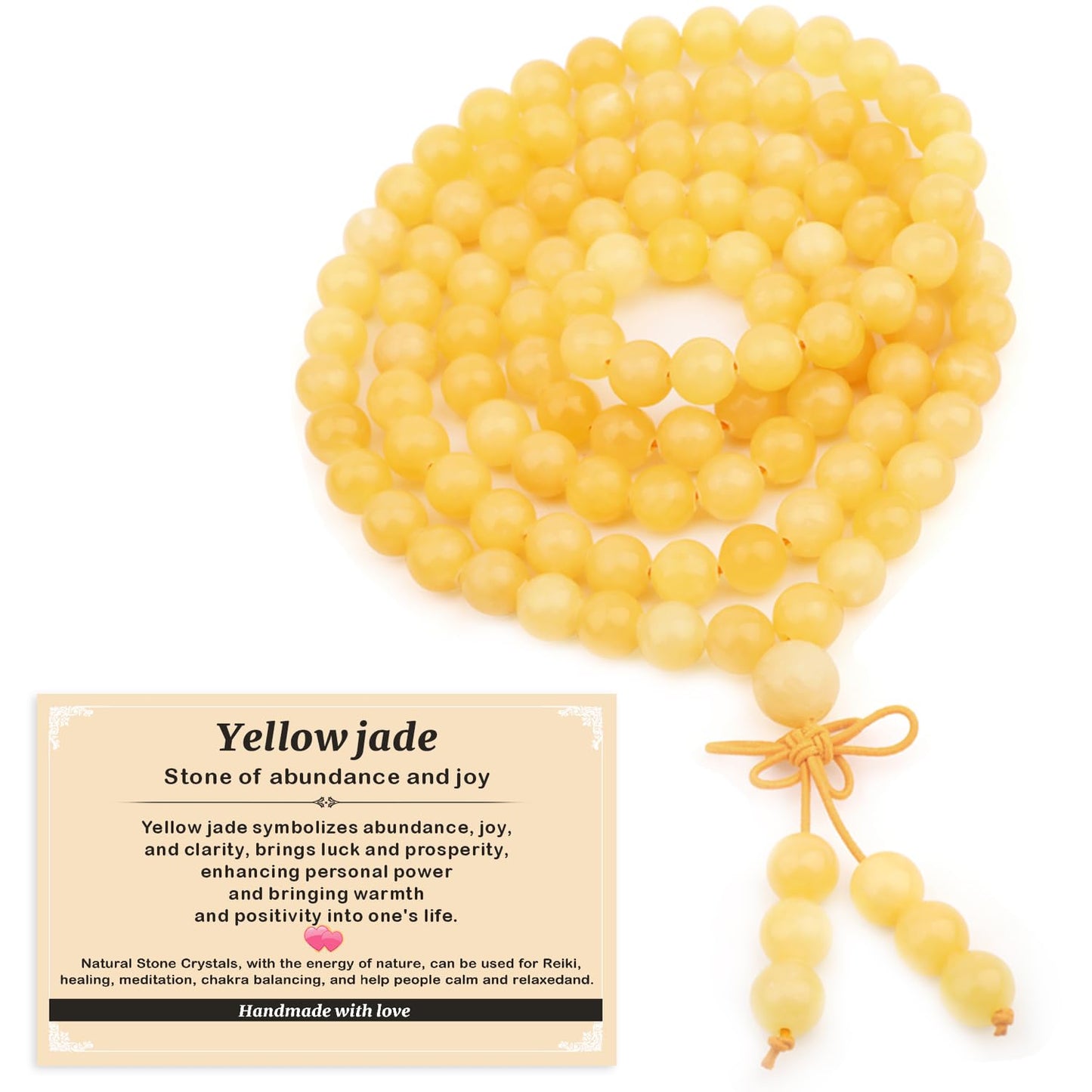 AD Beads 8mm 108 Prayer Mala Yellow jade Elastic Bracelet - Abundance and Joy - Handmade Yoga Meditation Healing Power Energy Gifts for Unisex Adult.