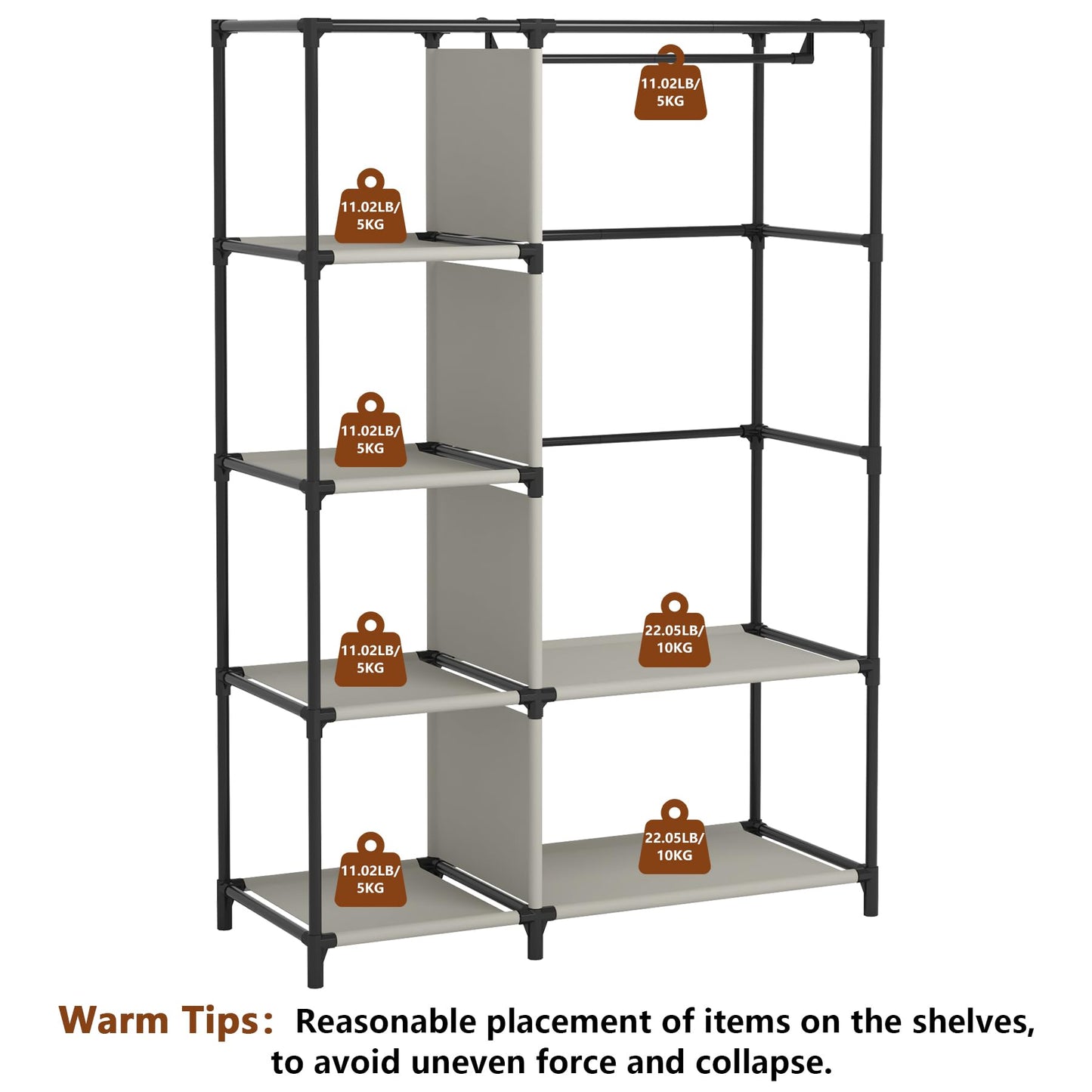 Calmootey Portable Closet Organizers, Clothing Storage, Wardrobe with 6 Shelves and Hanging Rod, Non-Woven Fabric Cover with 4 Side Pockets, Black