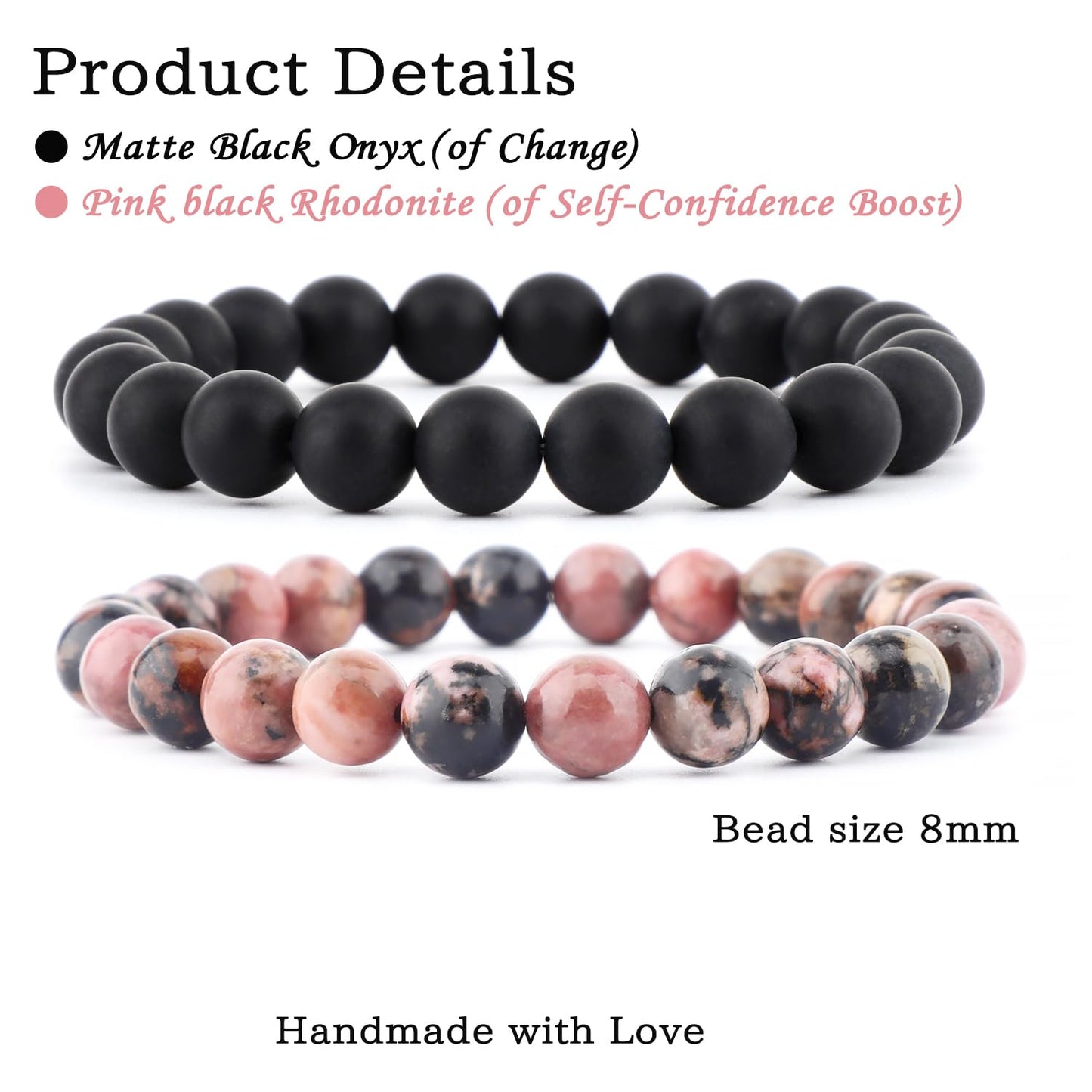 NCB 2-Piece 8mm Natural Crystal Gemstone Stretch Bracelets – ﻿Pink Black Rhodonite, Matte Black Agate Handmade Reiki Energy Healing Jewelry for Meditation,Yoga, Unisex