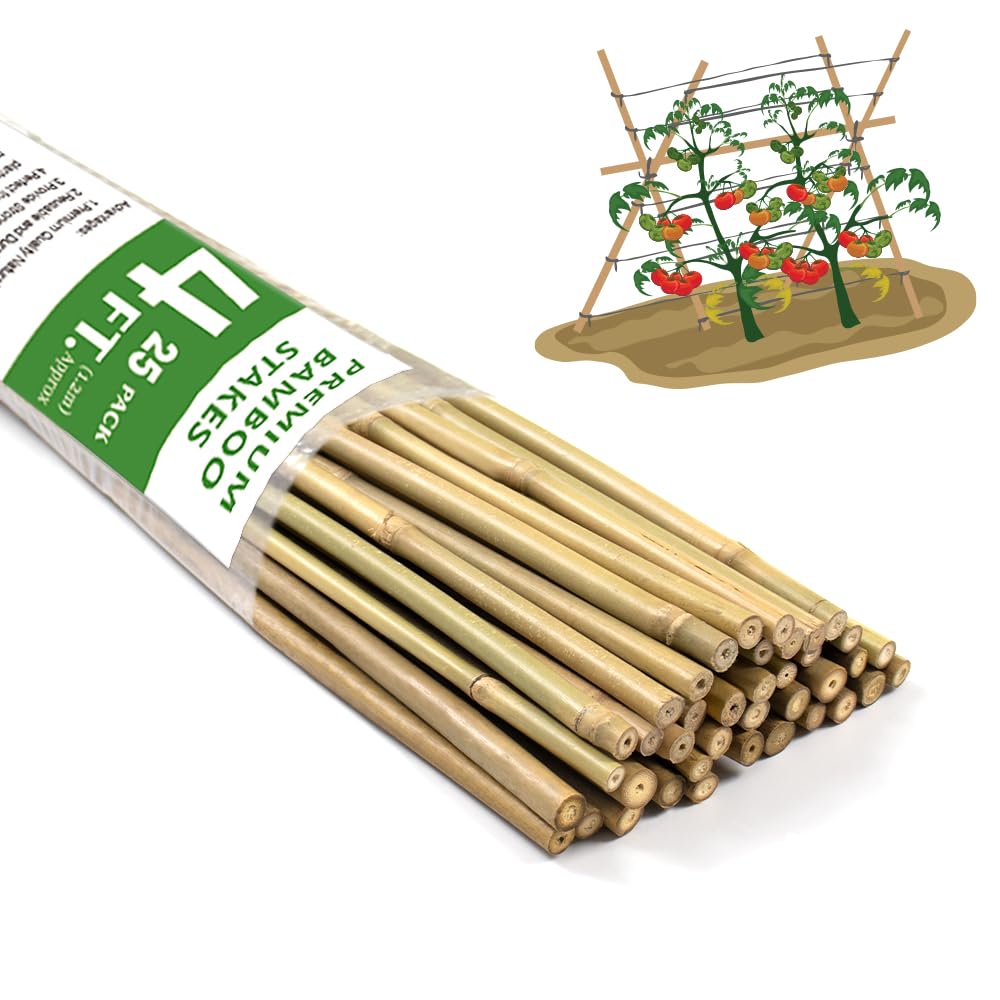 Bamboo Stakes,4FT Natural Bamboo Garden Stakes,BOVITRO 25Pcs Plant Stakes,Bamboo Sticks for Tomato,Beans,Vegetable and Climbing Plants