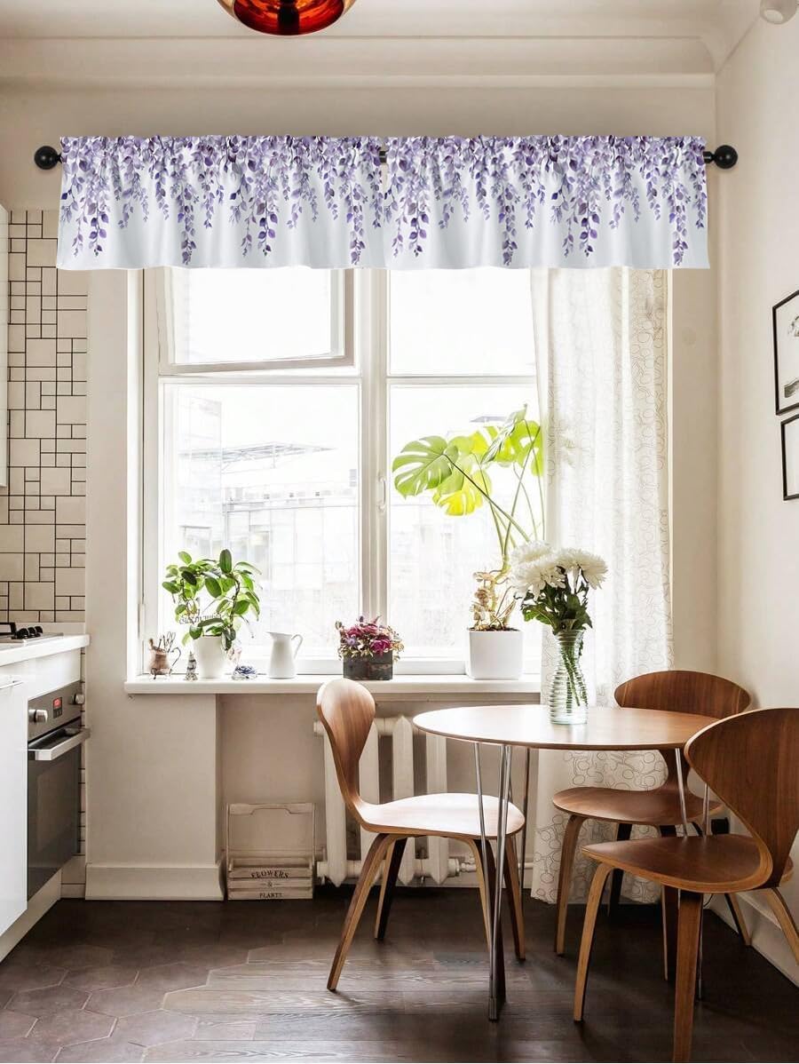 Potanhugie Valances for Windows Purple Eucalyptus Leaf Rod Pocket Cafe Window Treatments Valance Curtains for Kitchen Bathroom Laundry Basement Windows 42 x 12 inch