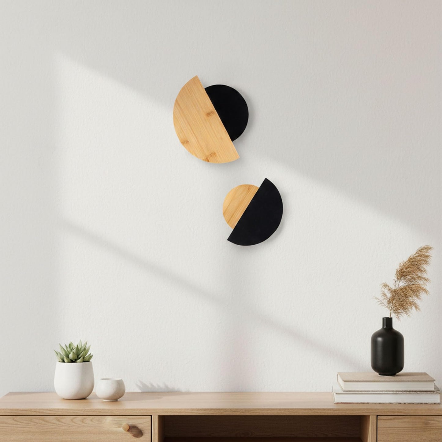 AIM & GGKK Bamboo Half Circle Wall Decor Set of 2 | Geometric Design | Black Matte & Natural Bamboo Semi Circle Wall Art | Minimalist Modern Wall Hanging for Living Room Bedroom