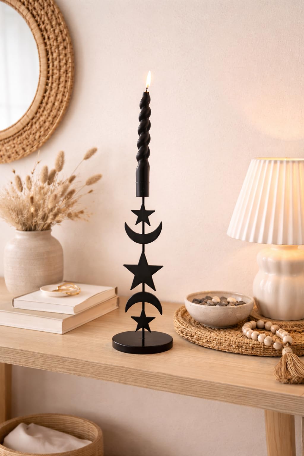 Metal Moon Star Candle Holder - 11 Inch Black Taper Candlestick Holder for Table Centerpiece - Modern Celestial Decorative Candle Stand for Mantel, Dining Room or Boho Home Decor (1 Pack)