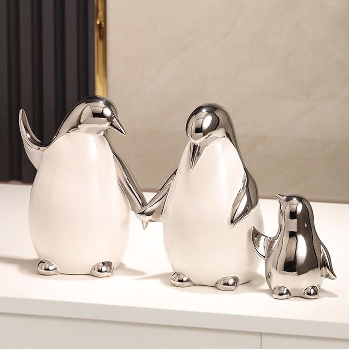 Tuioyoc Set of 3 Ceramic Statues Aesthetic Abstract Penguins Sculpture Cute Modern Home Decor Decorative Statue for Living Room, Bedroom, Office, Table Centerpiece (White Silver)