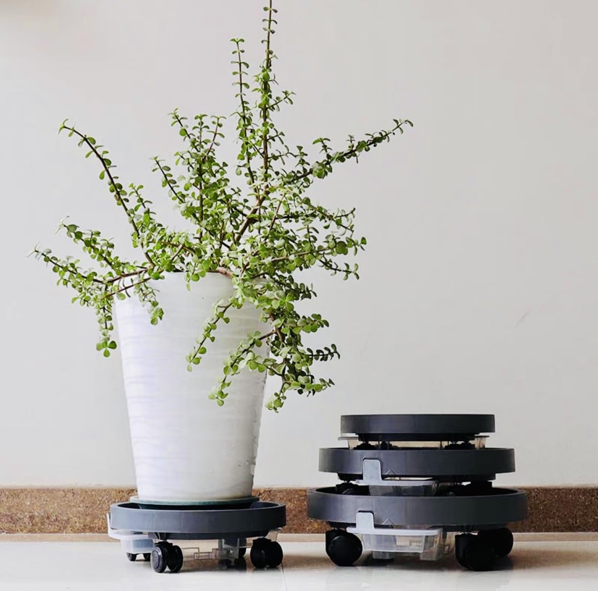 Two Pack 11.2" HuaBoShi Plant Caddy Stand with Wheels Heavy Duty with Built-in Bottom Ventilation and Water Tray Plant Dolly Bear Weight up to 65kg Ash Gray Color Suitable for Indoor and Outdoor