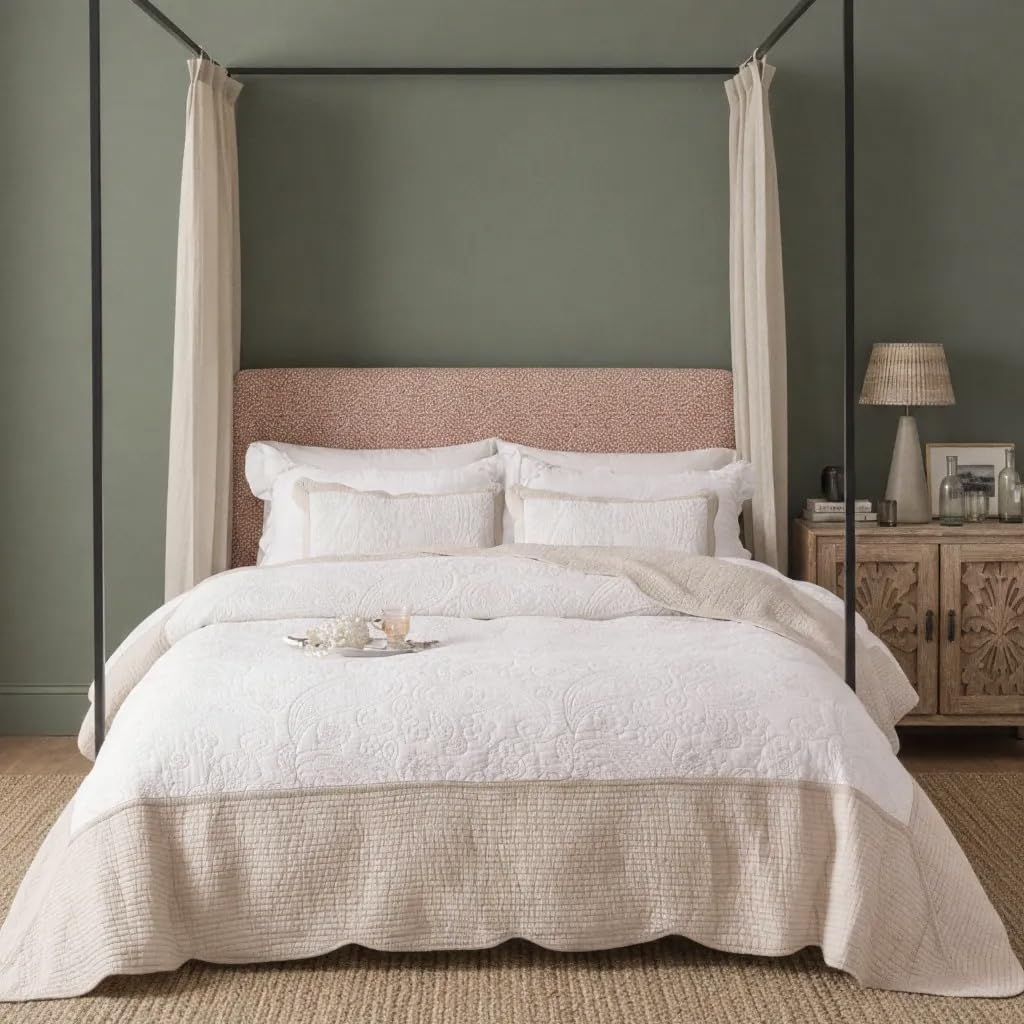 BOV Queen Quilt Bedding Set - Cotton Full Size Quilt Set with 2 Pillow Shams, Lightweight Bedspread Coverlet Queen Size Quilts for Bed Set, All Season Floral Embroidery 96"X92" Light Beige Ivory