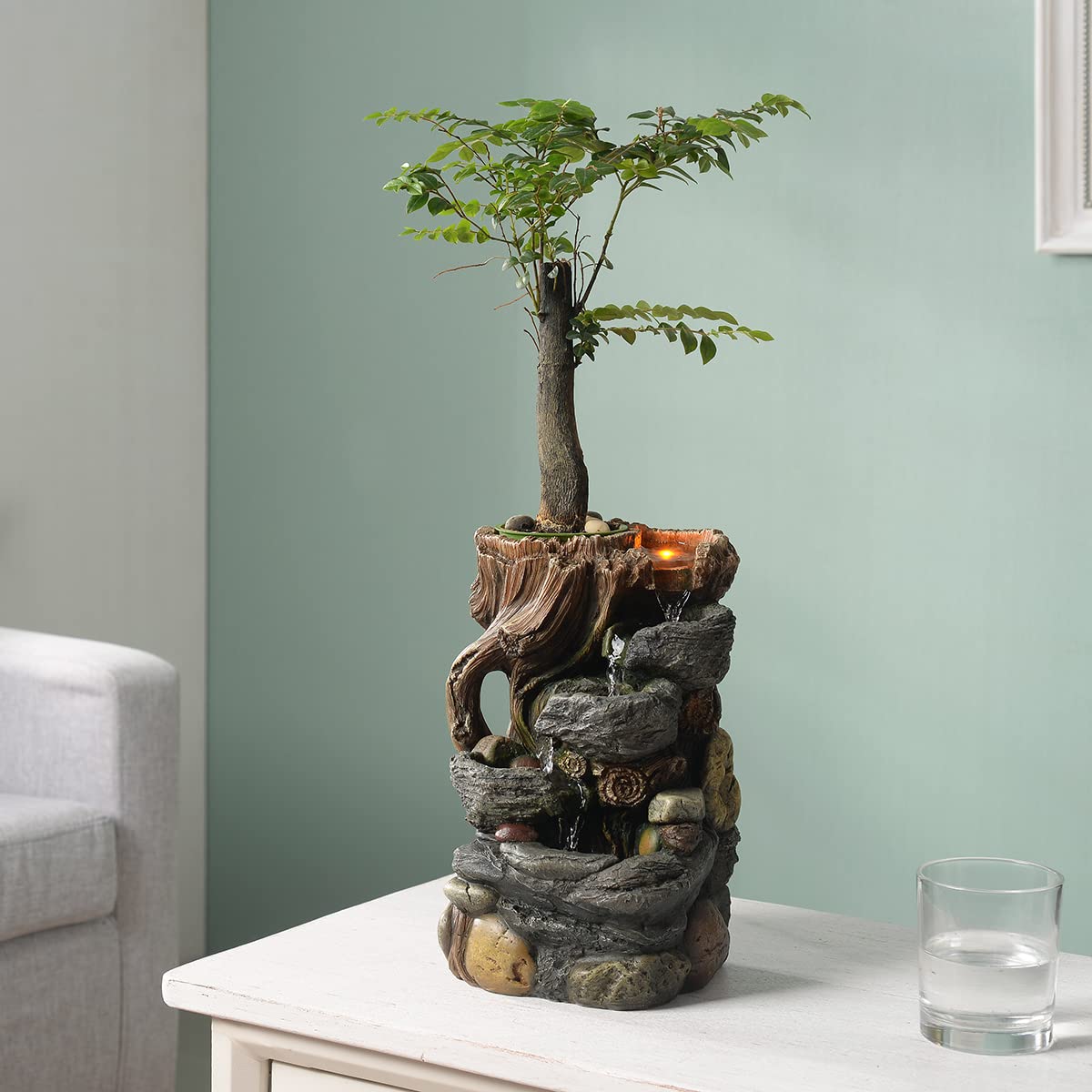 GOSSI Indoor 5-Tier Rockery Tabletop Waterfall Fountain with Auto Watering and Small Plastic Plant Pot, Decorative Home Water Fountain (22021)