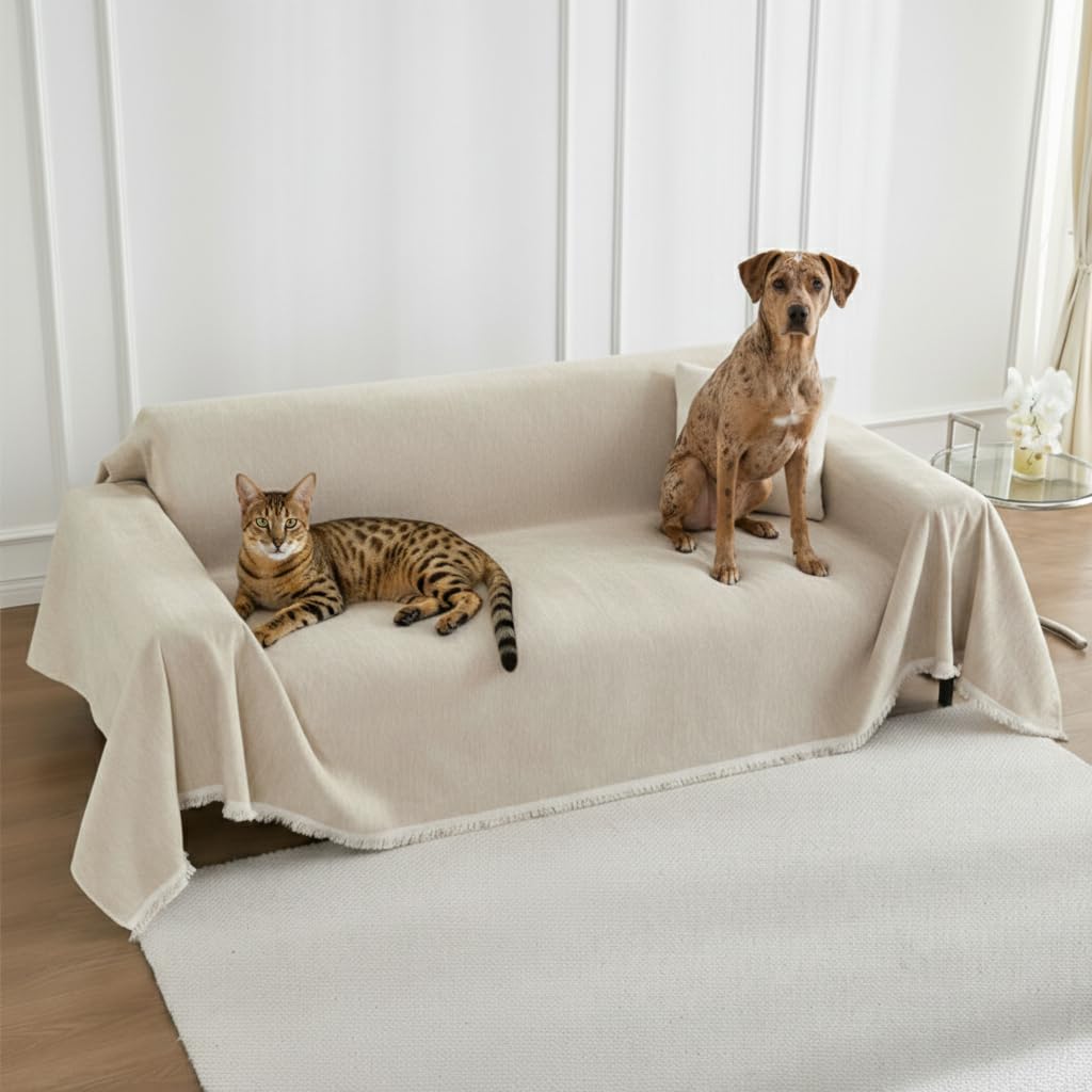LUNETIO Couch Cover Blanket - Thick Chenille Sofa Cover Protector for Large Couch, Washable Slip Sofa Throw for Dogs, Pets, Cats, Chairs, Cushions & Sectional Seats (71 x 150, Light Brown)