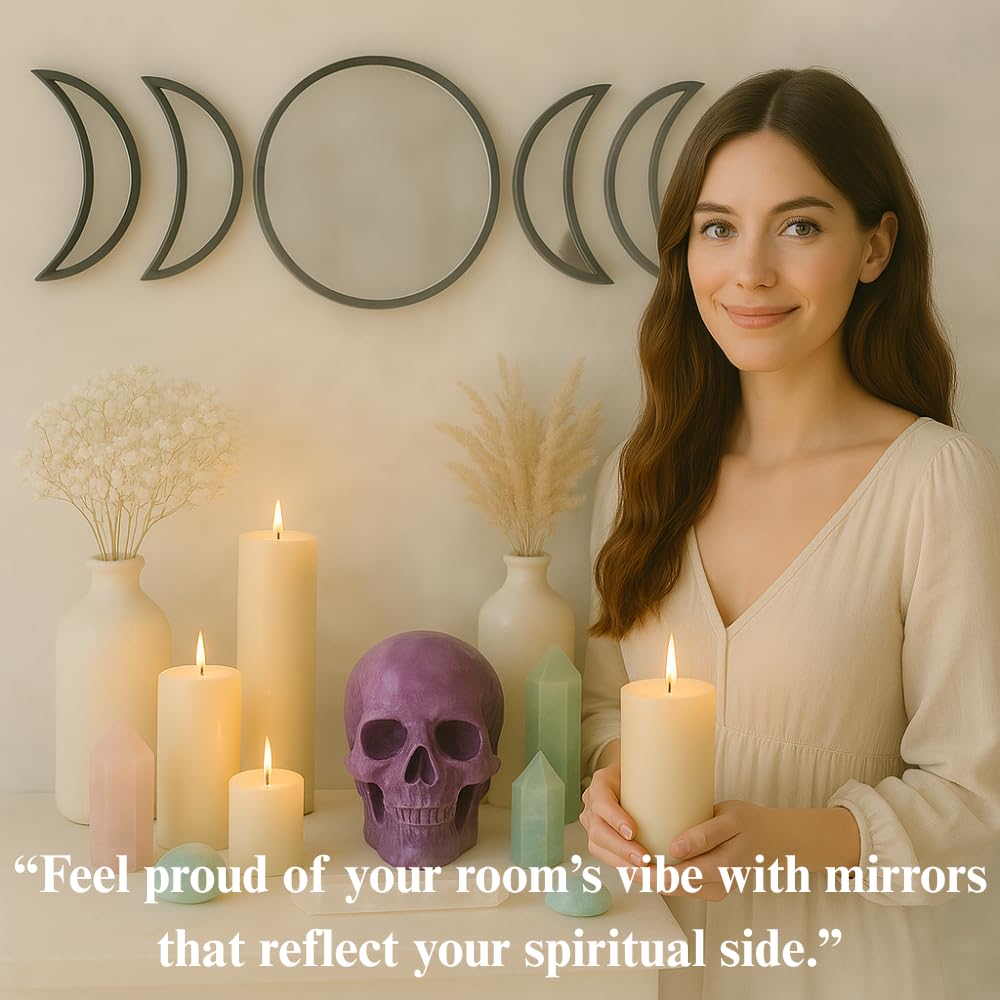 Black Magic Witch Moon Mirror – Announcing Love Gothic and Boho Home Wall Decor - Glass Moon Phase Mirror Set with Crystal Clear Reflection - Moon Mirror Wall Decor for Living Room Bedroom Nursery