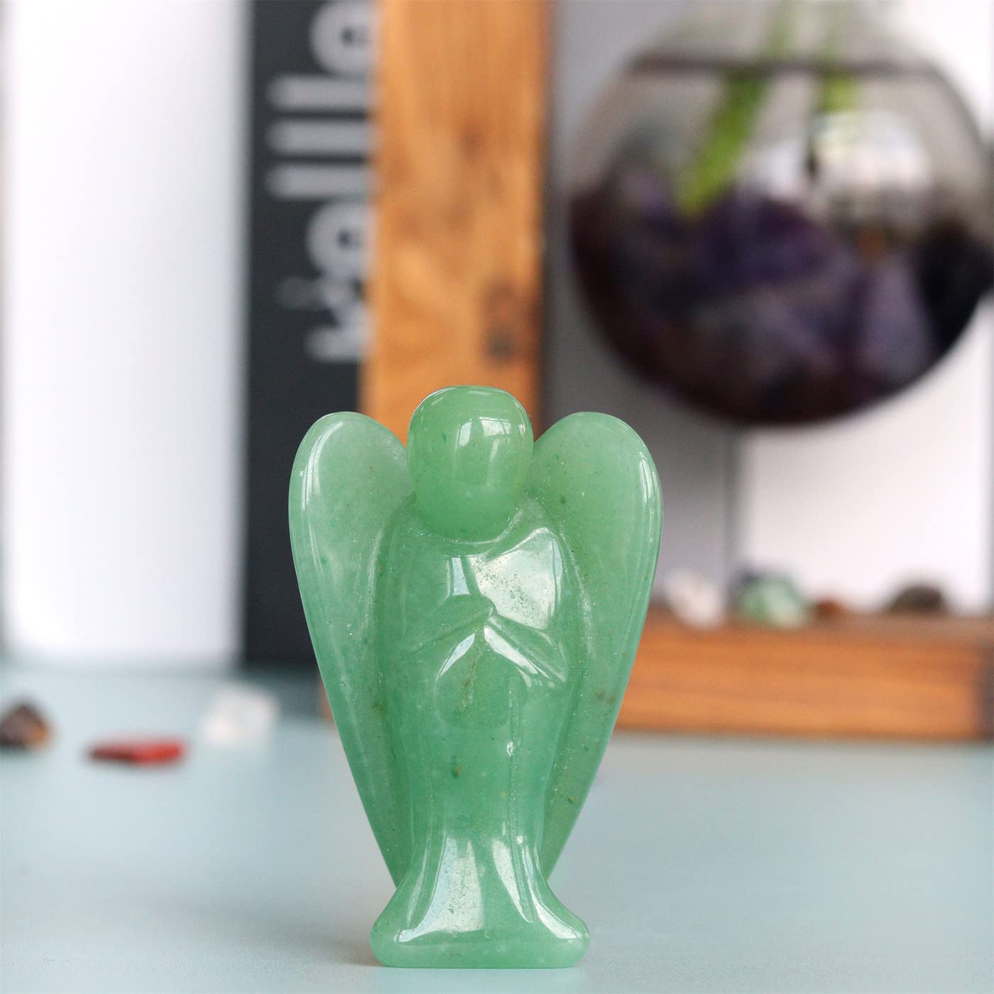 YATOJUZI 2" Green Aventurine Angel Decor Healing Crystals Polished Natural Stone Sculpture Statue Hand Carved Cute Figurines Energy Reiki Home Room Office Desk Decoration Guardian Gifts for Women Men