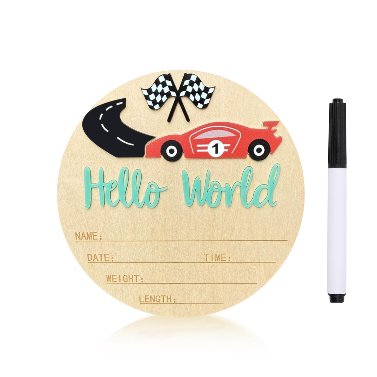 Baby Announcement Sign, 5.9 Inch Wooden Hello World Newborn Sign,Welcome Baby Signs,Birth Announcement Signs,Newborn Name Personalized for Photo Prop race car Design Hospital Nursery (Green,Red car)