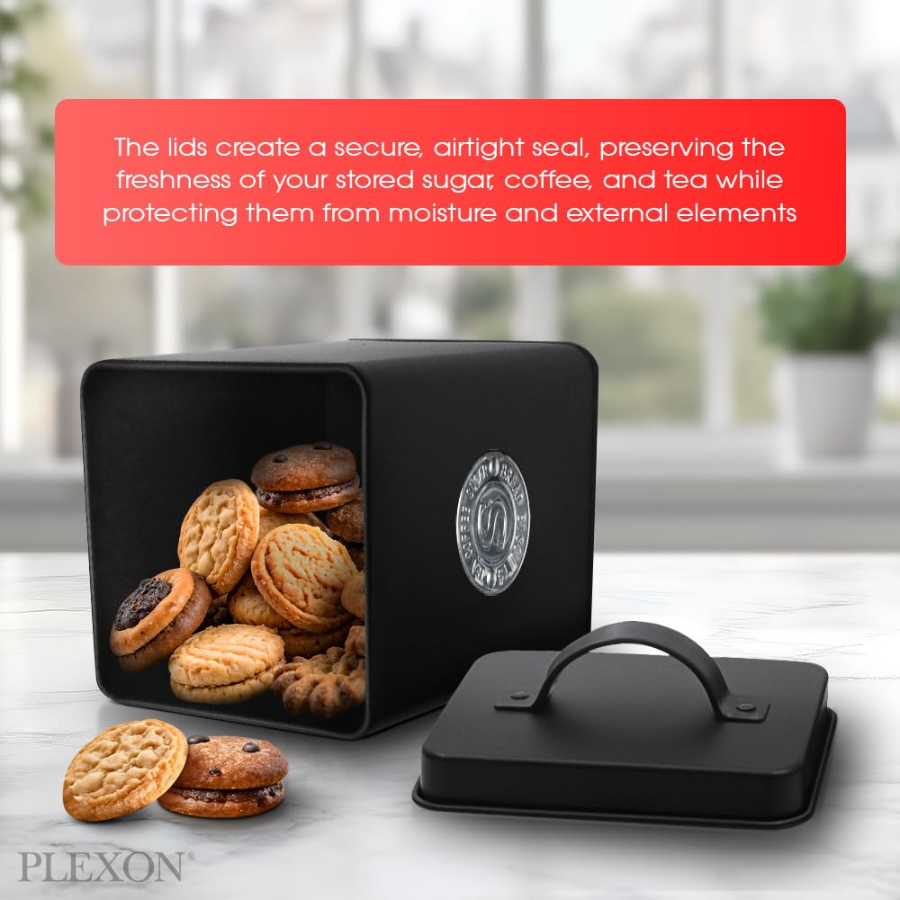 Plexon Canisters Sets for the Kitchen, Kitchen Canisters for Countertop Set of 3, Canister Sets with Lids and Copper Labels, Black
