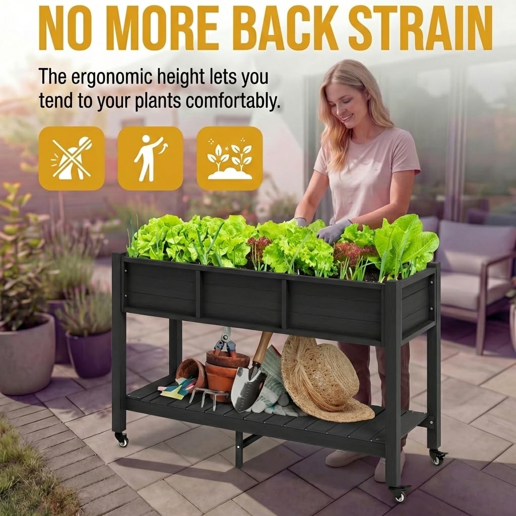 DWVO 47x18x31in Raised Garden Bed Outdoor HDPE with Legs and Lockable Wheels, Weather-Resistant Poly-Wood Elevated Planter Box, Double Tier Planters for Backyard Patio Balcony, Black