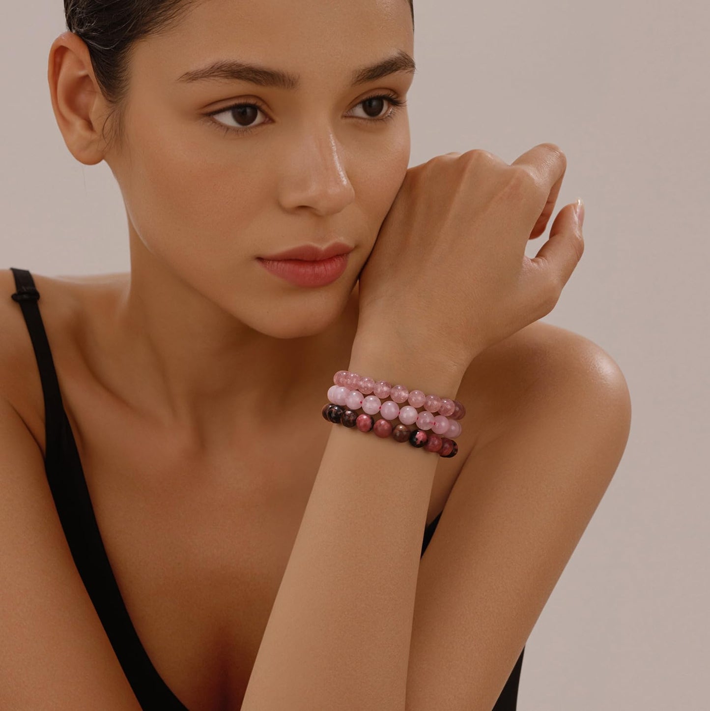 Vinswet Healing Crystal Bracelets for Women Men 8mm Rose Quartz Strawberry Rhodonite Natural Stone Beaded Stretch Bracelet Triple Protection Handmade Gemstone Reiki Spiritual Jewelry Gifts
