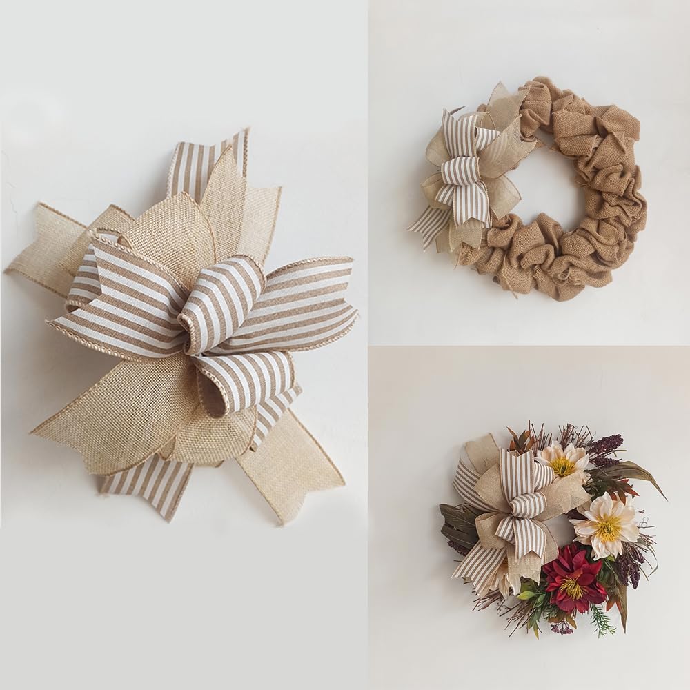 VOZLAC Spring Wreath Bow,Vintage Beige Stripe Farmhouse Lantern Bow, Rustic Door Hanger Bow, Wreath Embellishment, Everyday Wreath Bow, Farmhouse Wreath Bow
