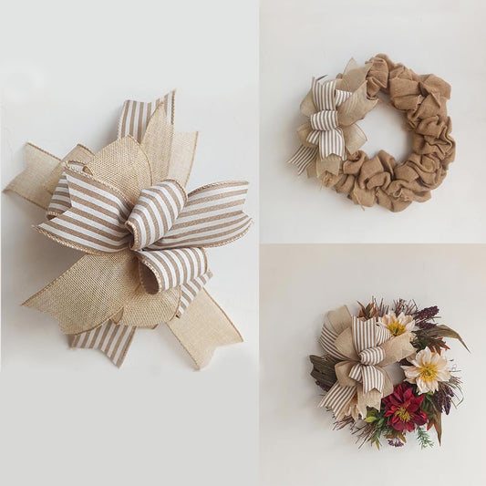 VOZLAC Spring Wreath Bow,Vintage Beige Stripe Farmhouse Lantern Bow, Rustic Door Hanger Bow, Wreath Embellishment, Everyday Wreath Bow, Farmhouse Wreath Bow