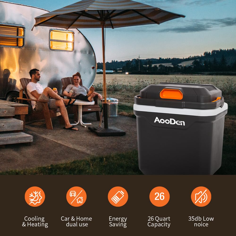 AooDen Electric Car Cooler and Warmer, 26 Quart Capacity, Thermoelectric Iceless Cooler for Travel, Camping, Vehicles, Truck, Home - 12V DC and 120V AC (Black & Orange)