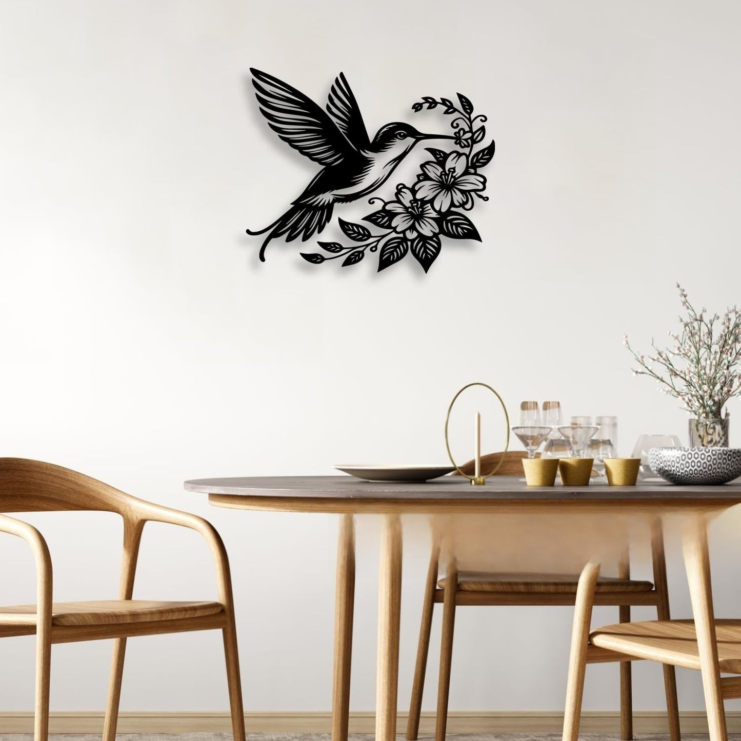LIYOUYA Hummingbird Flower Metal Wall Decor - Rustic Farmhouse Room Decor Black Wall Art Home Decor for Living Room, Dining Room, Courtyard (Black)