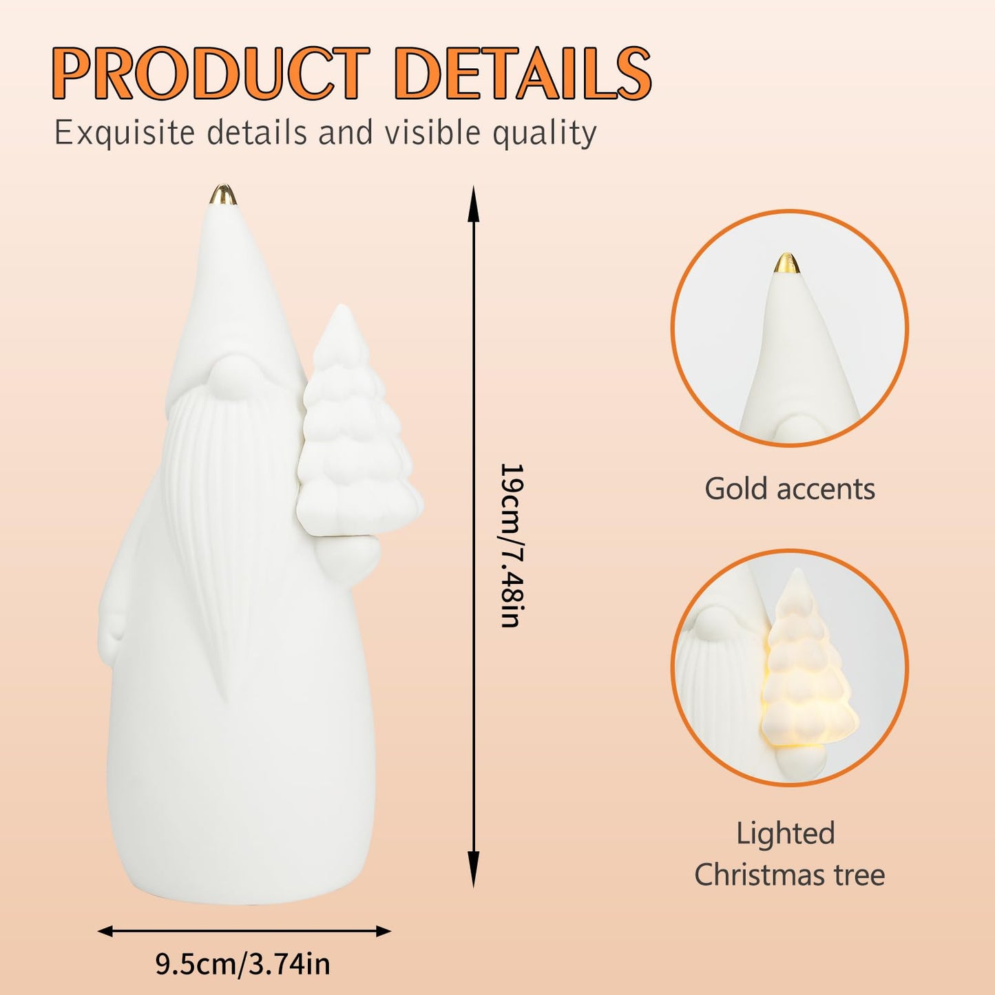 Luxstyra White Ceramic Gnome Figurine with Christmas Tree Lighted, 7.5" Christmas Gnome Decoration, Light Up Xmas Tree with Timer, Gnomes Gifts for Women, Sandinavian Xmas Decor for Tabletop Mantel